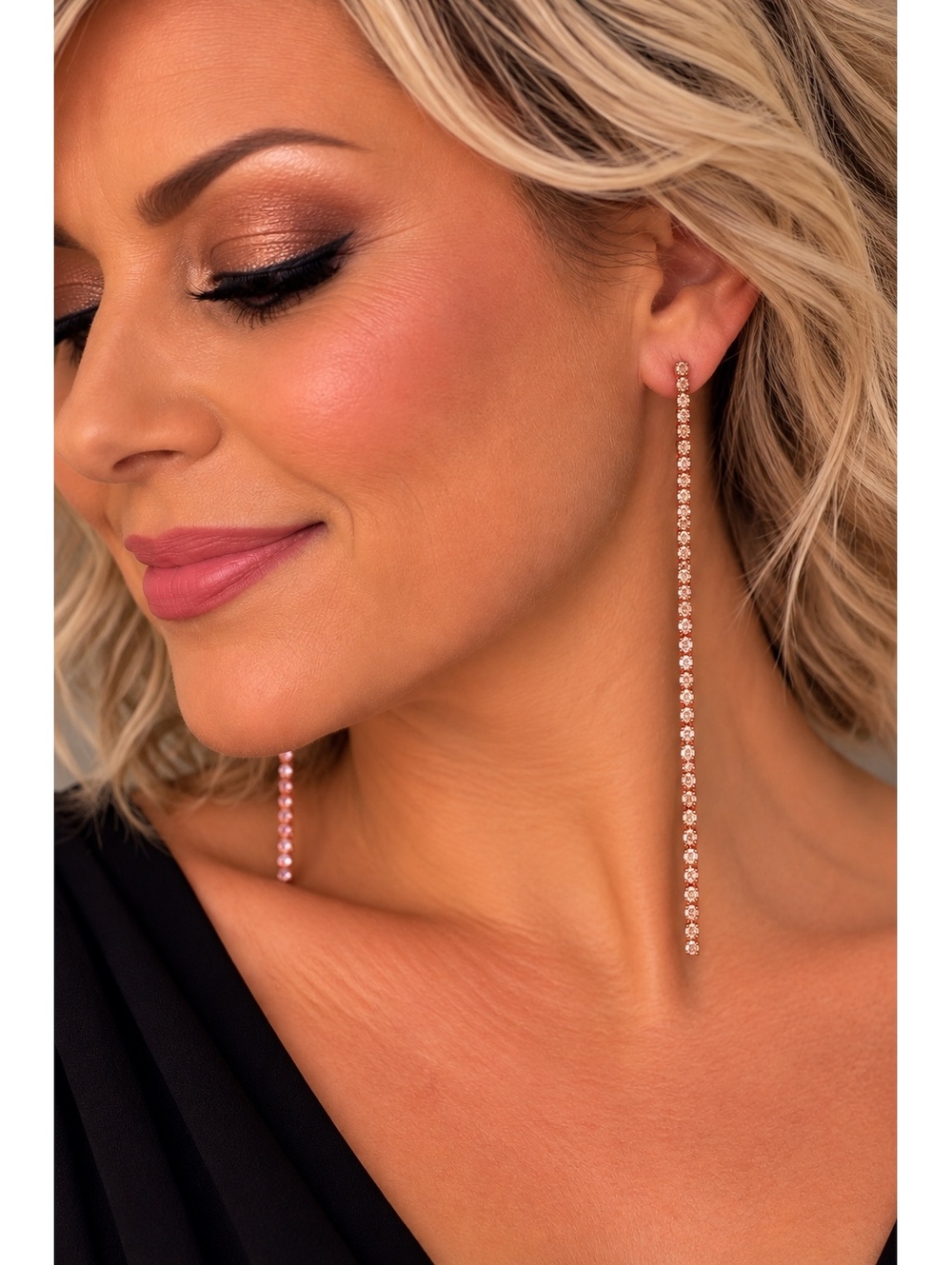 1367 New Long Rose Gold Dangle Earrings with Rhinestones A0001367